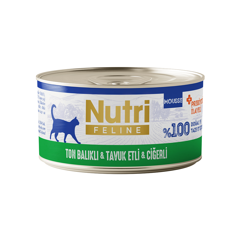Nutri Feline Ton Balıklı. Tavuk Etli ve Ciğerli Tahılsız Konserve Yetişkin Kedi Maması 70 g
